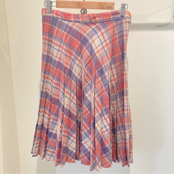 Vintage Dresses & Skirts - Vintage pleated skirt pink purple blue cream plaid wool midi skirt